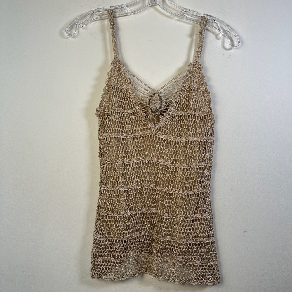 SayWhat? Womens Crochet Knit Camisole Gold Beaded V-Neck Lined Tank Top Large